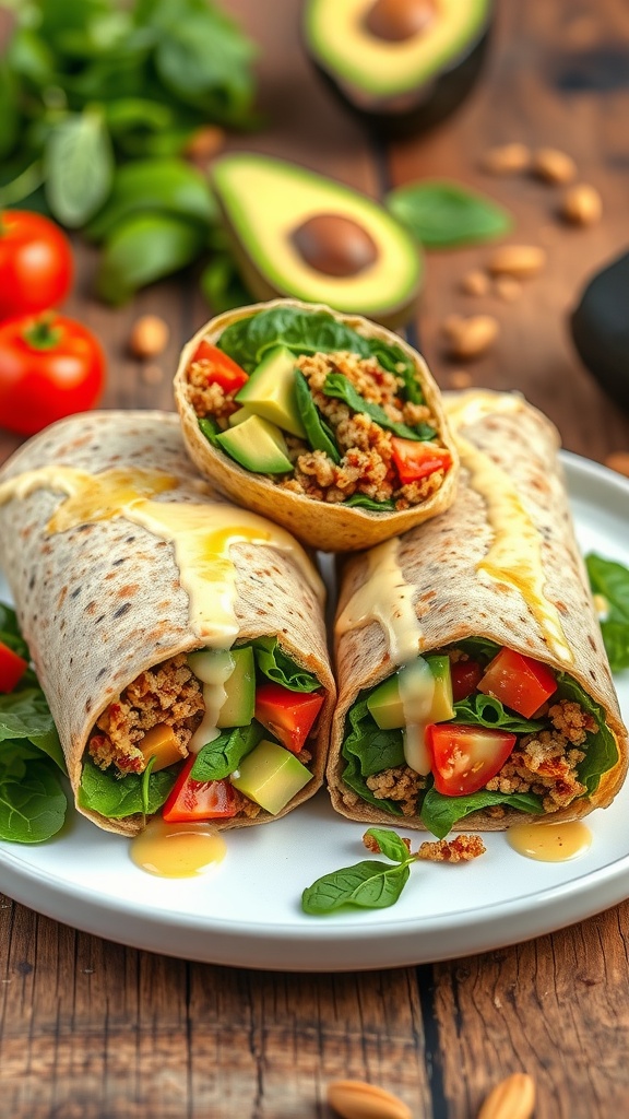 Simple Quinoa and Red Lentil Wraps Two quinoa and red lentil wraps filled with fresh vegetables on a rustic plate.